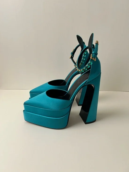 Versace Teal Satin Pointed Toe Platform Pumps with Beaded Ankle Straps - Picture 2 of 3
